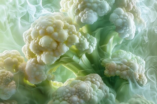 Close up of cauliflower florets appearing through swirling green smoke, creating an abstract and otherworldly scene