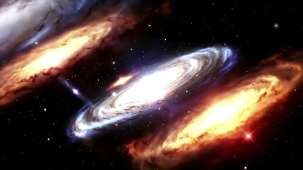 Two spiral galaxies collide in a cosmic dance, their vibrant colors and swirling arms intermingling against the backdrop of a star-studded expanse