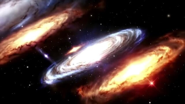 Two spiral galaxies collide in a cosmic dance, their vibrant colors and swirling arms intermingling against the backdrop of a star-studded expanse