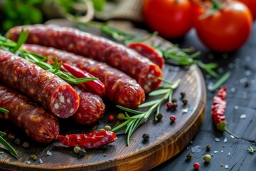Delicious smoked sausages with rosemary, spices and tomatoes on wooden cutting board