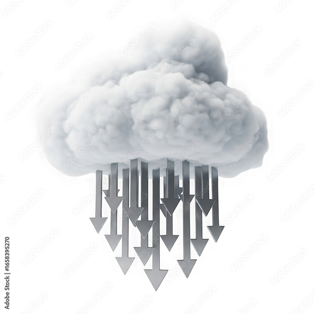 Poster cloud computing concept with downward arrows symbolizing data download or transfer, isolated on tran