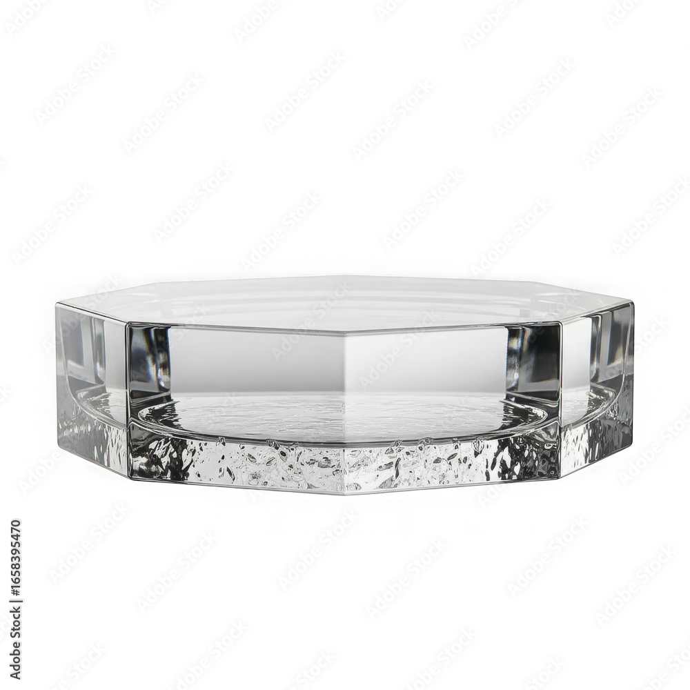 Poster octagonal clear glass crystal object with faceted edges, isolated on transparent background