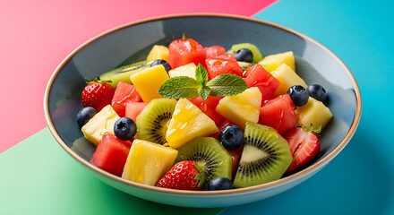 A vibrant fruit salad with a blue bowl, colorful fruits, and a mint leaf garnish on a colorful background.