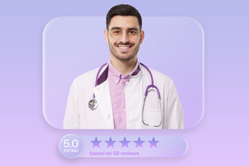 Highly rated doctor with stethoscope and white coat, presented on online medical platform. Trusted...