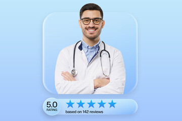 Highly rated doctor with wearing white coat, presented on online medical platform. Trusted...