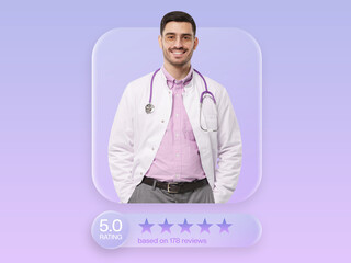 Highly rated doctor with wearing white coat, presented on online medical platform. Trusted...
