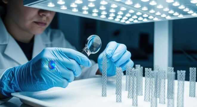Laboratory technician inspecting freshly extruded biodegradable polymer stents under bright LED lights to ensure defectfree quality in medical applications.