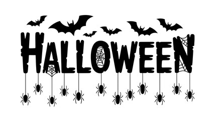 Spooky Halloween typography with bats, spider webs, and dangling spiders in black silhouette design on white background