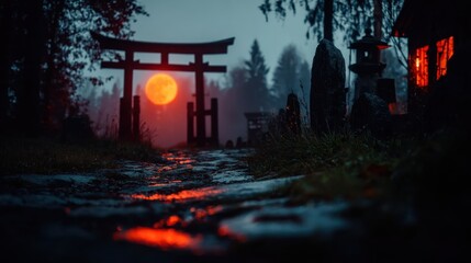 幻想的なハロウィンの夜に浮かぶ赤い満月と鳥居の風景