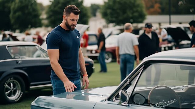 Man Inspecting a Blue Classic Car at an Outdoor Car Show