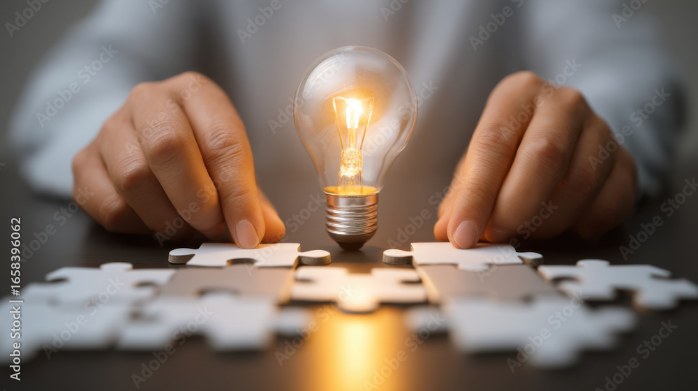 Poster Person is assembling puzzle with glowing light bulb above, symbolizing creativity and problem solving. scene conveys inspiration and innovation in thoughtful environment