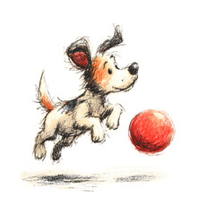 Cartoon Dog Illustration: Playful Puppy Leaping for Red Ball, Hand-Drawn, Whimsical Art for Children's Books and Pet-Themed Designs