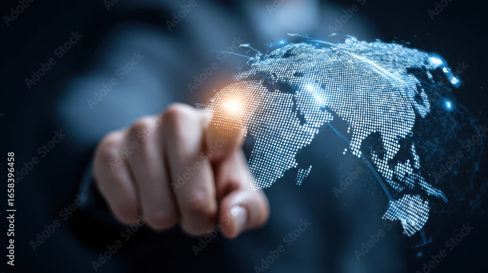 Poster digital globe representation with hand pointing at it, symbolizing global connectivity and technolog