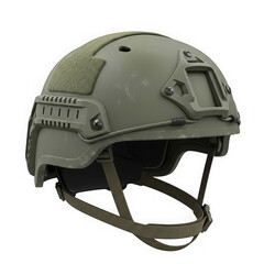 Fototapeta premium Olive green tactical military helmet with straps and accessories, isolated on transparent background