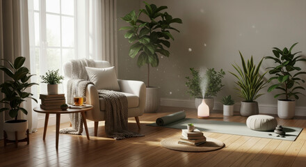 Well-being concept in minimalist design, self care, mindfulness, healthy lifestyle, inner peace, harmony, mental health, balance, relaxation, wellness and positive energy
