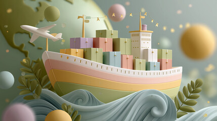 Naklejka premium Global Trade: A whimsical, stylized illustration portrays a cargo ship loaded with colorful containers, navigating a sea of pastel waves, underscored by an airplane flying by.