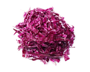 Pile of shredded red cabbage isolated on white, top view