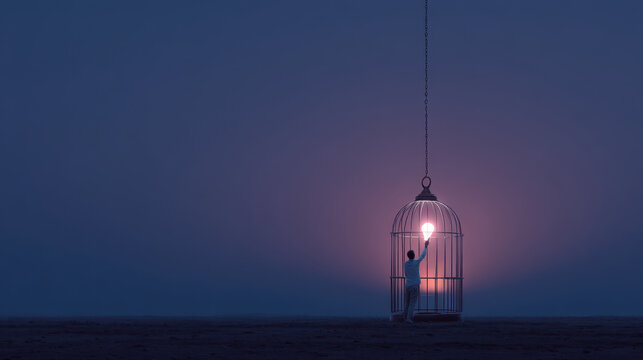 Person stands inside large birdcage, holding glowing light source, symbolizing hope and freedom. scene is set against twilight background, creating serene yet thought provoking atmosphere