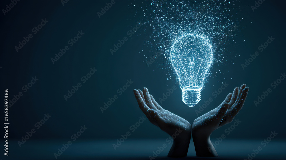Poster glowing light bulb made of particles hovers above open hands, symbolizing creativity and innovation.