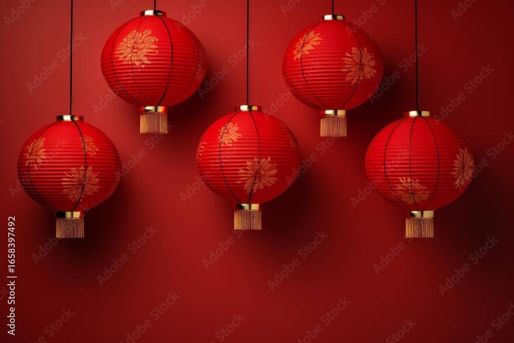 Poster five red lanterns with golden floral patterns hanging against a red backdrop, creating a festive atm