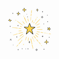 Hand drawn star sparkle shine of doodle set. Star shine twinkle glow, spark glitter, magic party light vector illustration.