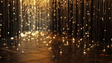 Golden Particles Falling, Abstract Interior, Sparkling Rain, Elegant Atmosphere
