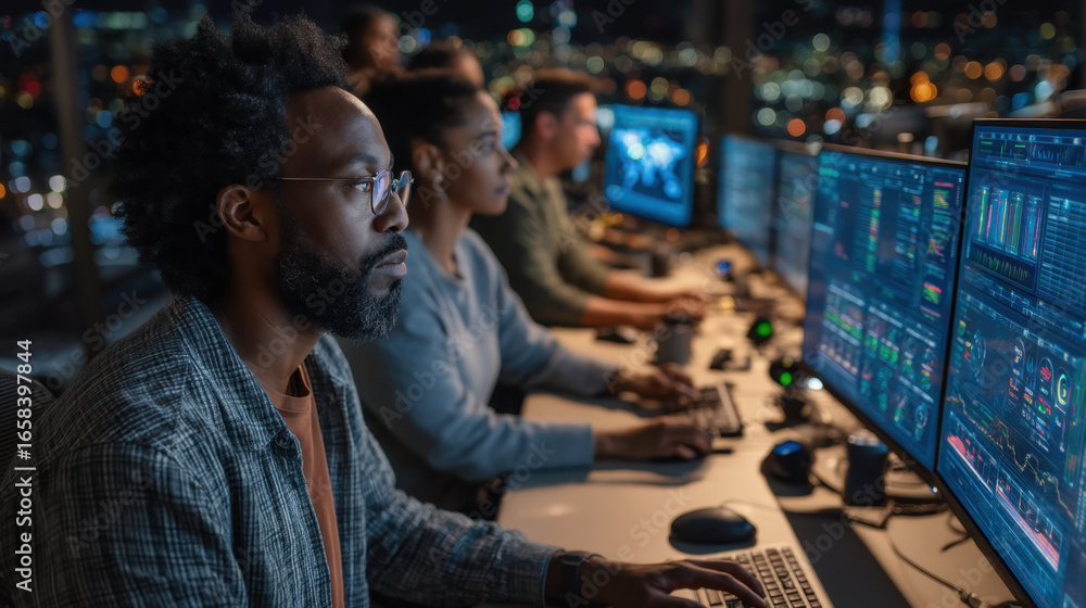 Poster group of diverse professionals engaged in data analysis, focused on multiple computer screens displa