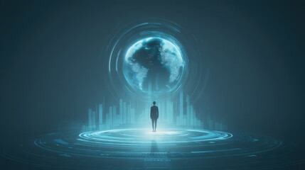 Person stands in futuristic environment, surrounded by digital elements and glowing globe. scene conveys sense of innovation and technology, emphasizing global connectivity and data visualization