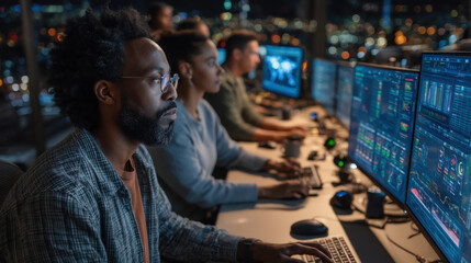 Group of diverse professionals engaged in data analysis, focused on multiple computer screens displaying complex graphs and charts. atmosphere is dynamic and high tech, reflecting modern workspace