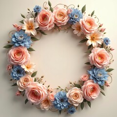 Elegant floral wreath pink roses, blue flowers in baroque vintage style. Delicate ornamental design with leaves, thin gold swirls on light background. Ideal for wedding invitations, greeting cards,