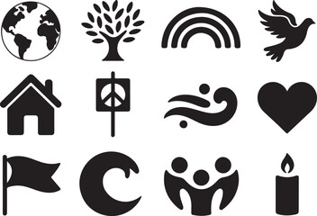 Global Harmony Black and White Icons Set Earth Tree Rainbow Dove Home Peace Wind Heart