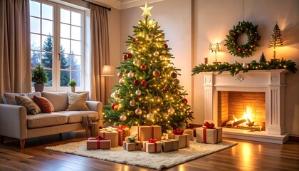 Cozy Christmas Living Room Scene with Decorated Tree and Fireplace