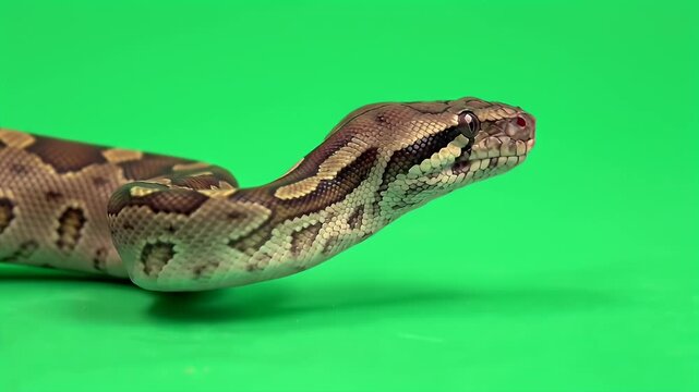 Brown patterned snake with head raised on green screen background, ready for compositing