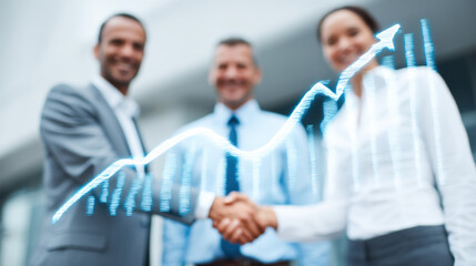 Business professionals shaking hands with digital graph overlay, symbolizing growth and success in corporate environment. atmosphere conveys collaboration and achievement
