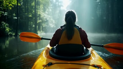 A person kayaking on a misty river with a forest backdrop. The kayaker is wearing a yellow life jacket and is paddling a yellow kayak.