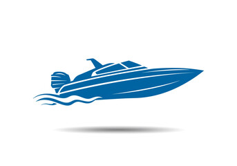 Fototapeta premium A blue boat with a motor and waves on a white background with a shadow underneath the boat image