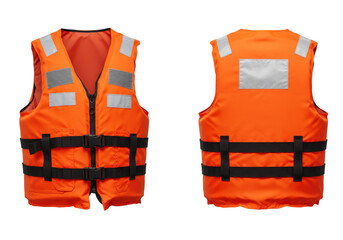 Isolated image showcasing the front and back views of an orange life jacket with reflective tape and black straps
