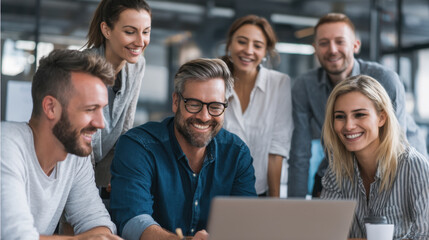 Collaborative team working together in modern office environment, sharing ideas and enjoying productive moment. atmosphere is positive and engaging, highlighting teamwork and creativity