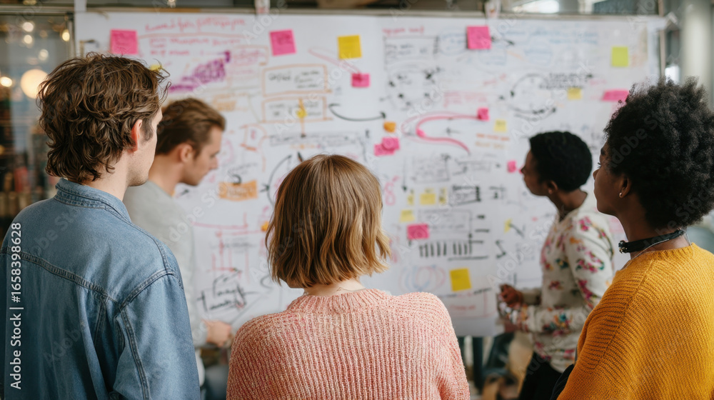 Poster creative brainstorming session with diverse individuals collaborating on project, analyzing colorful