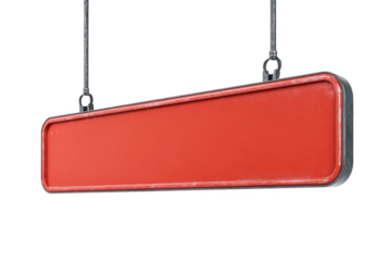 A red sign hanging from a metal chain