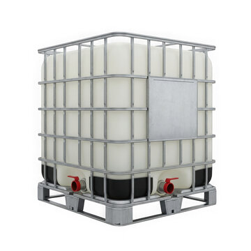 Industrial intermediate bulk container ibc with metal cage and valves, isolated on transparent background
