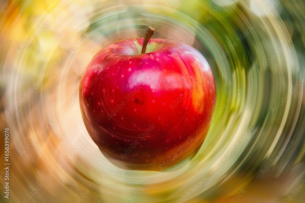 Poster ripe red apple rotating with motion blur effect, creating a dynamic visual with a blurred green and 