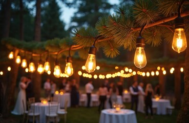 Naklejka premium Outdoor wedding party with decorative Edison lamps strung on coniferous trees in forest setting. Guests gather under warm, bright illumination creating festive, vintage atmosphere for evening