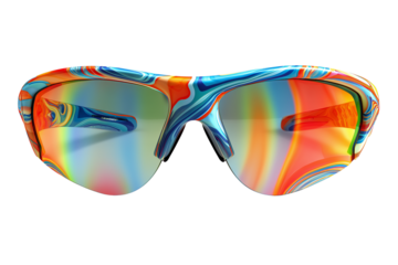 Vibrant abstract colorful striped pattern on modern sports sunglasses against a stark black background