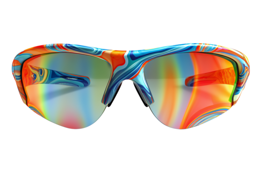 Vibrant abstract colorful striped pattern on modern sports sunglasses against a stark black background