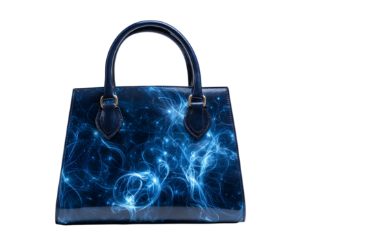 Unique blue galaxy swirl pattern handbag with leather handles on a black background