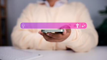 Voice search, artificial intelligence, and new user interfaces. Images on futuristic tech and smart applications. Person holding a smartphone with a blank, glowing search bar and AI powered icons.