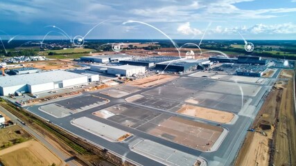 Aerial View of Modern Industrial Park with Digital Network Overlay - Connectivity & Innovation - Powered by Adobe