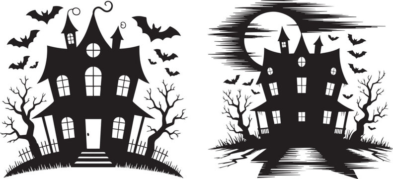 Spooky haunted house silhouette against a full moon with bats and bare trees
