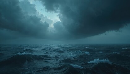 Dramatic seascape features rough ocean waves under dark, gloomy sky with haunted clouds. Scene evokes sense of mystery, depression, impending storm, with blurred texture contributing to ominous